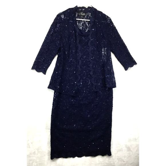 ALEX EVENINGS Sequined Lace Sheath Navy Blue Dress and Jacket Sz 10 - Picture 2 of 13